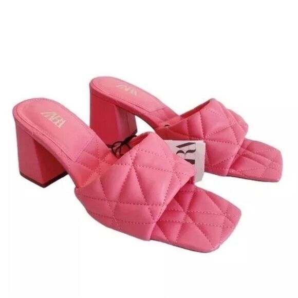 NWT Zara New Bright Pink Quilted Heeled Squared Toe Mules Shoes Sandals size 6 - Picture 13 of 13